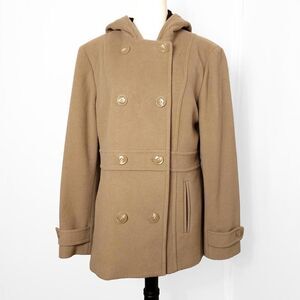 St John's Bay Large Camel Colored Wool Blend Double-Breasted Hooded Coat